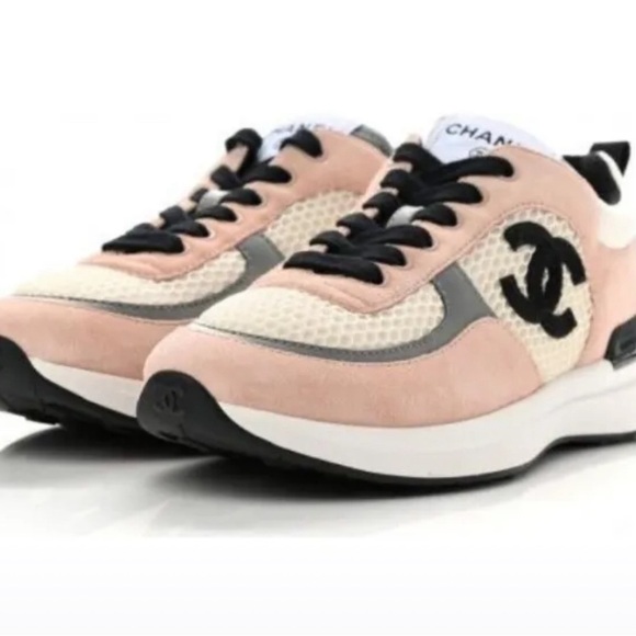 CHANEL Mesh Suede Calfskin Grained Calfskin Womens CC Sneakers Pink - Picture 3 of 14